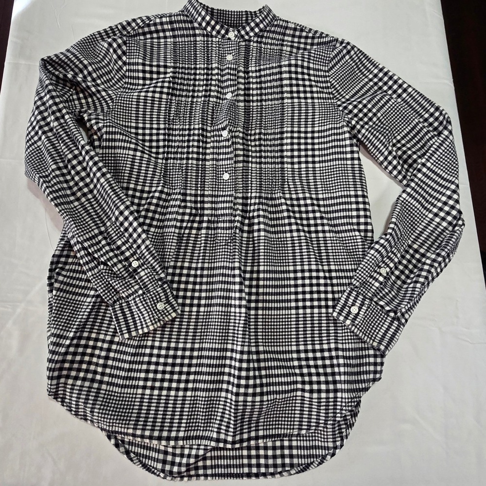 Lands End Womens Size 4  Tunic Shirt Black‎ White Gingham Plaid Band Collar Top